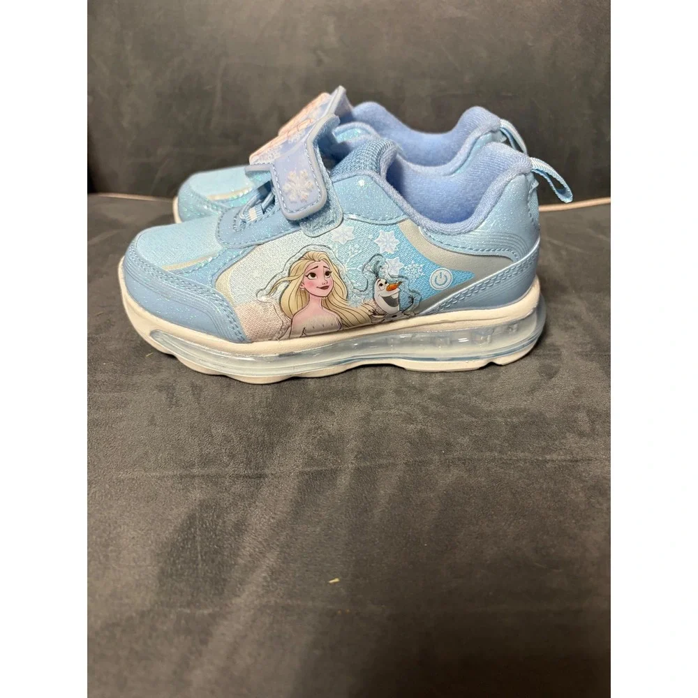 Disney Frozen Elsa Olaf Light Up Sneakers Girls Blue Glitter Shoes Size 10